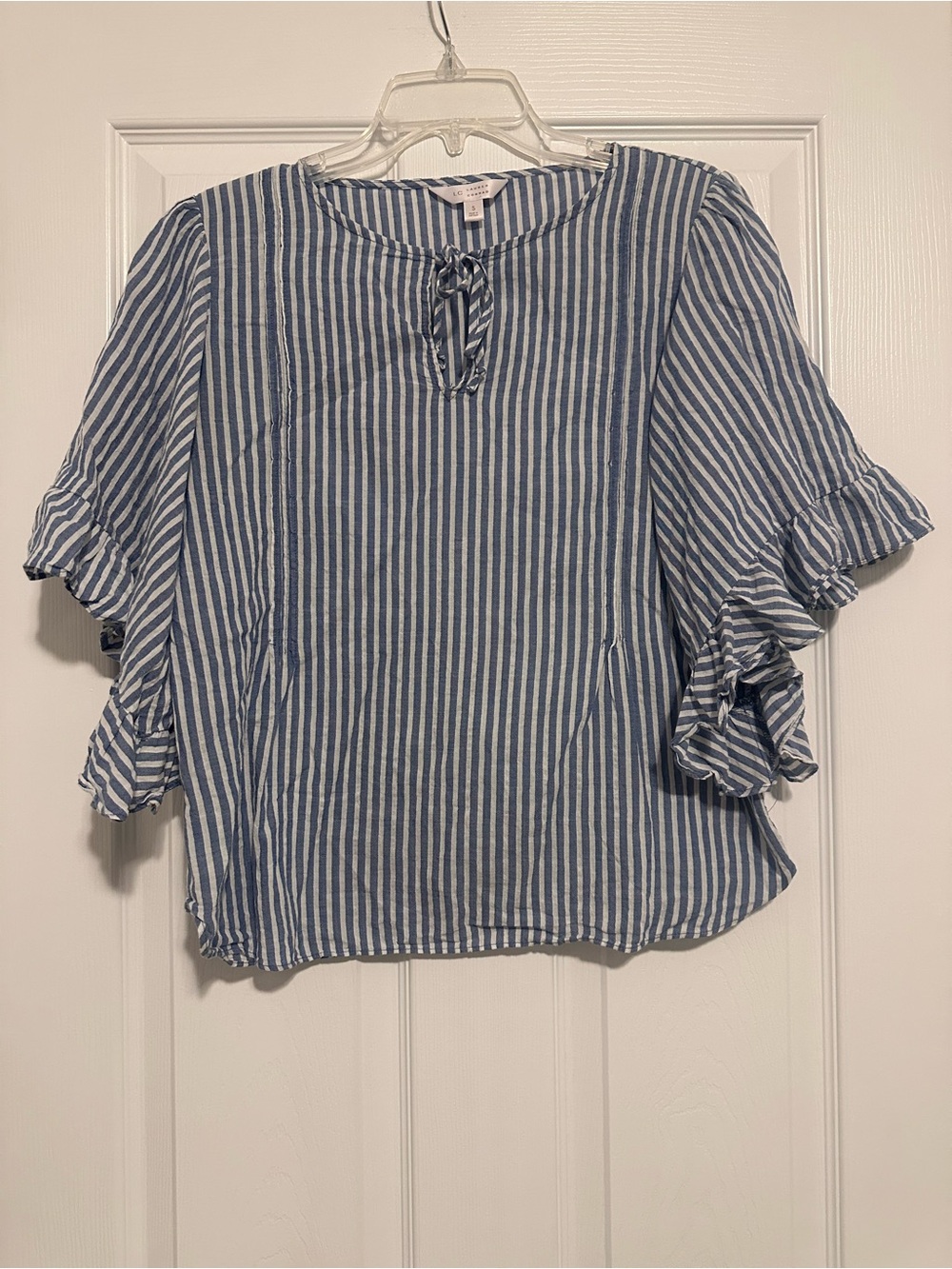 LC Lauren Conrad Blue & White Striped Ruffle Tie-Neck Blouse - Picture 1 of 6